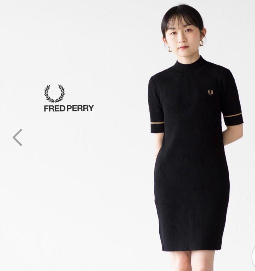 フレッドペリー 黒 リブ編み 半袖ワンピース