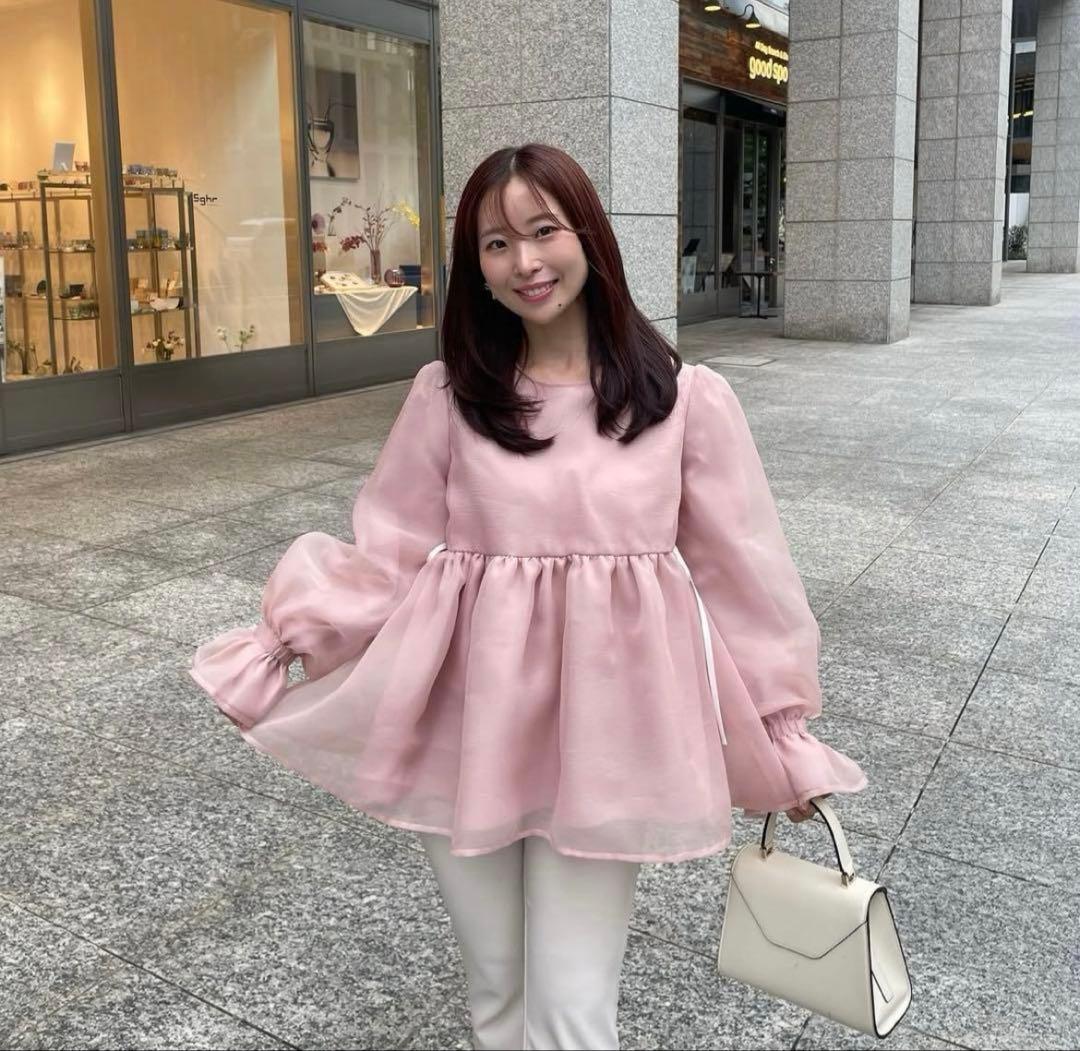 Fit more クリンクルシアーオーガンジーボリュームスリーブトップス