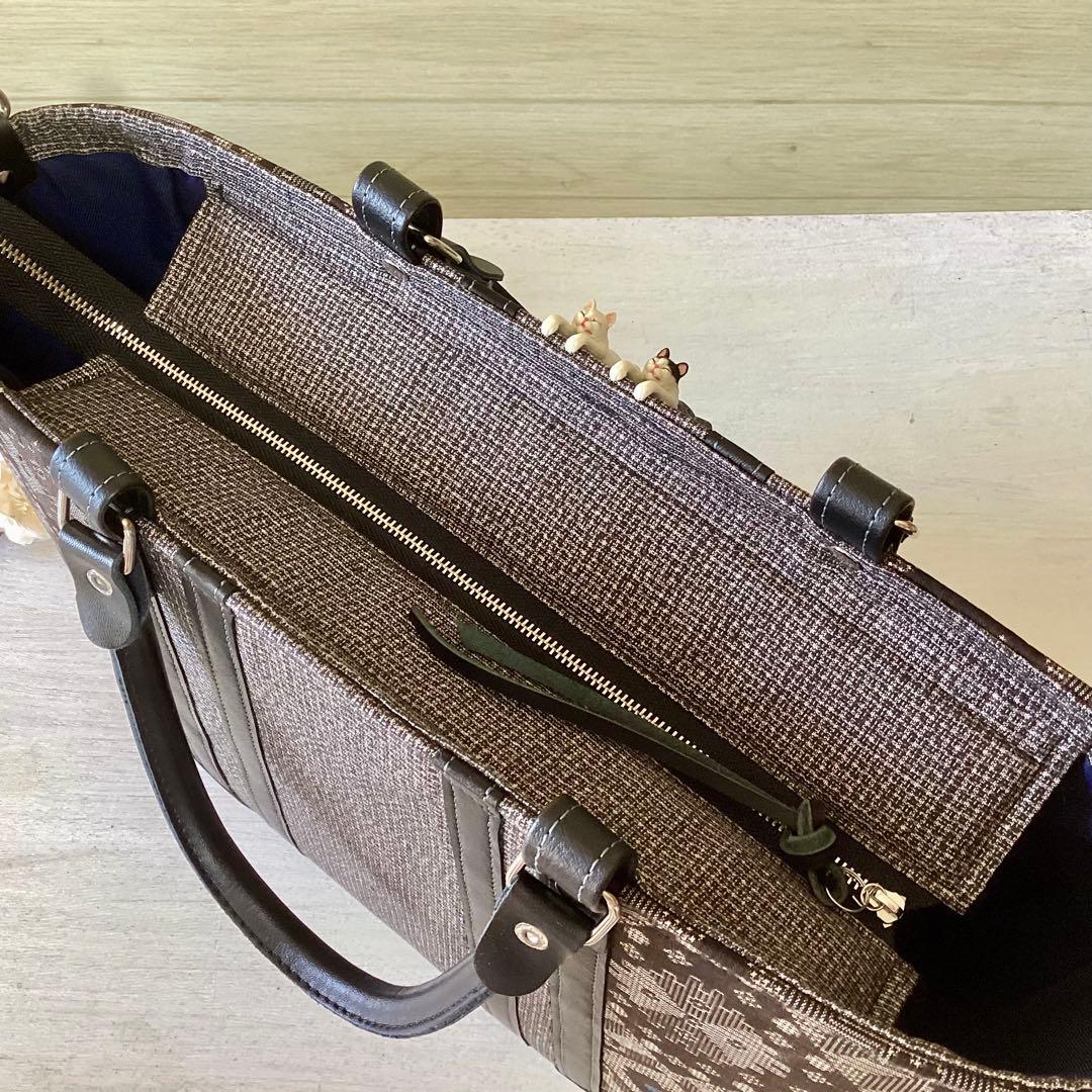 龍郷 大島紬 × 本革 着物リメイク トートバッグ 和装バッグ ハンドメイド