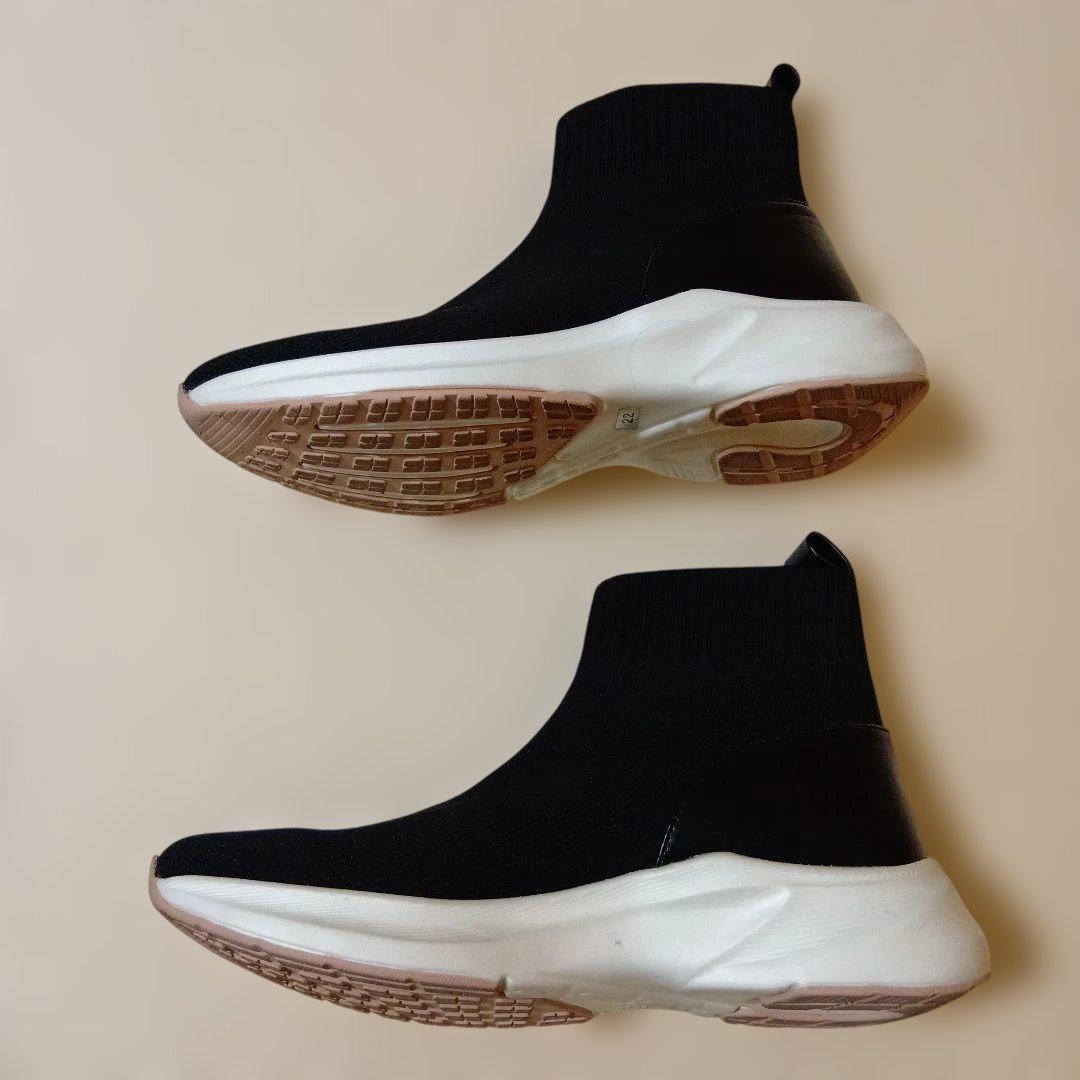 美品　銀座カネマツ　レディースハイカットスニーカー　黒ブラックニットシューズ