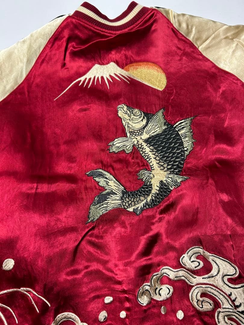 百花繚乱　スカジャン グリーン/レッド　鯉　刺繍　リバーシブル　XL