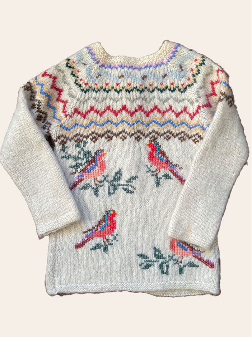 70s ユーロ ヴィンテージ クリーム色 ニット 古着 鳥刺繍 手編み 民族衣装