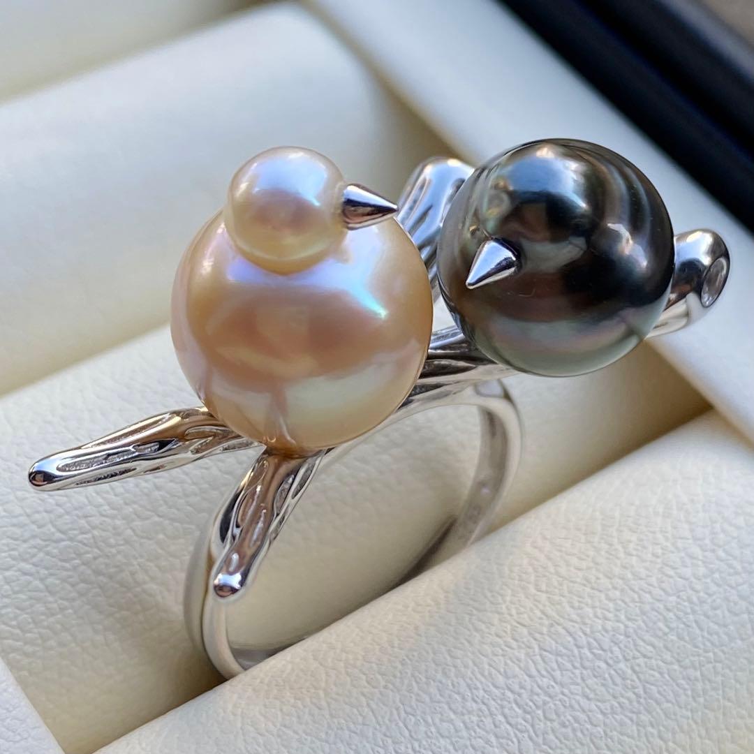 本真珠　南洋黒蝶真珠&白蝶真珠ダブルリング「鳥と枝」グリーンゴールドL1268