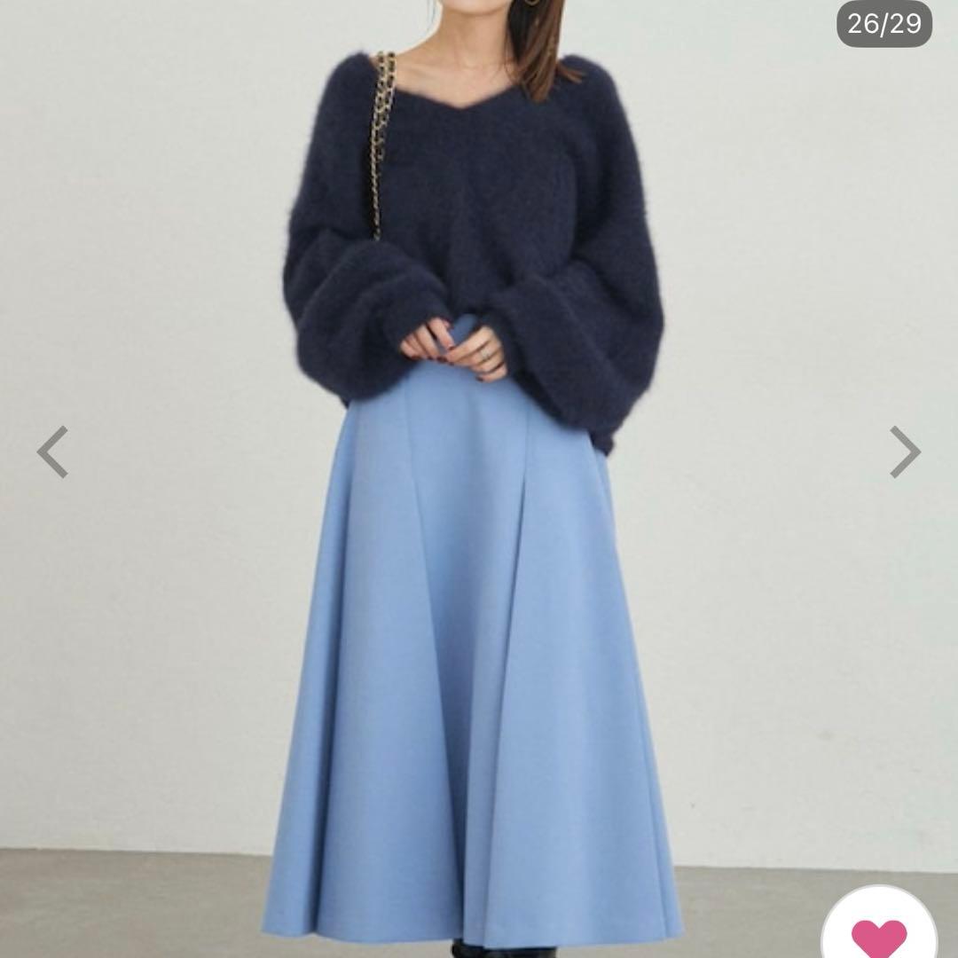 ネイビー Vネック ボリュームスリーブ ファーニット2WAYパフスリーブニット