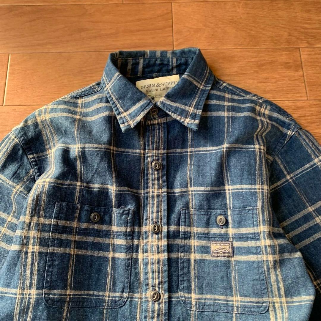 D&S ラルフローレン コットンリネン インディゴ ワークシャツ 猫目ボタン