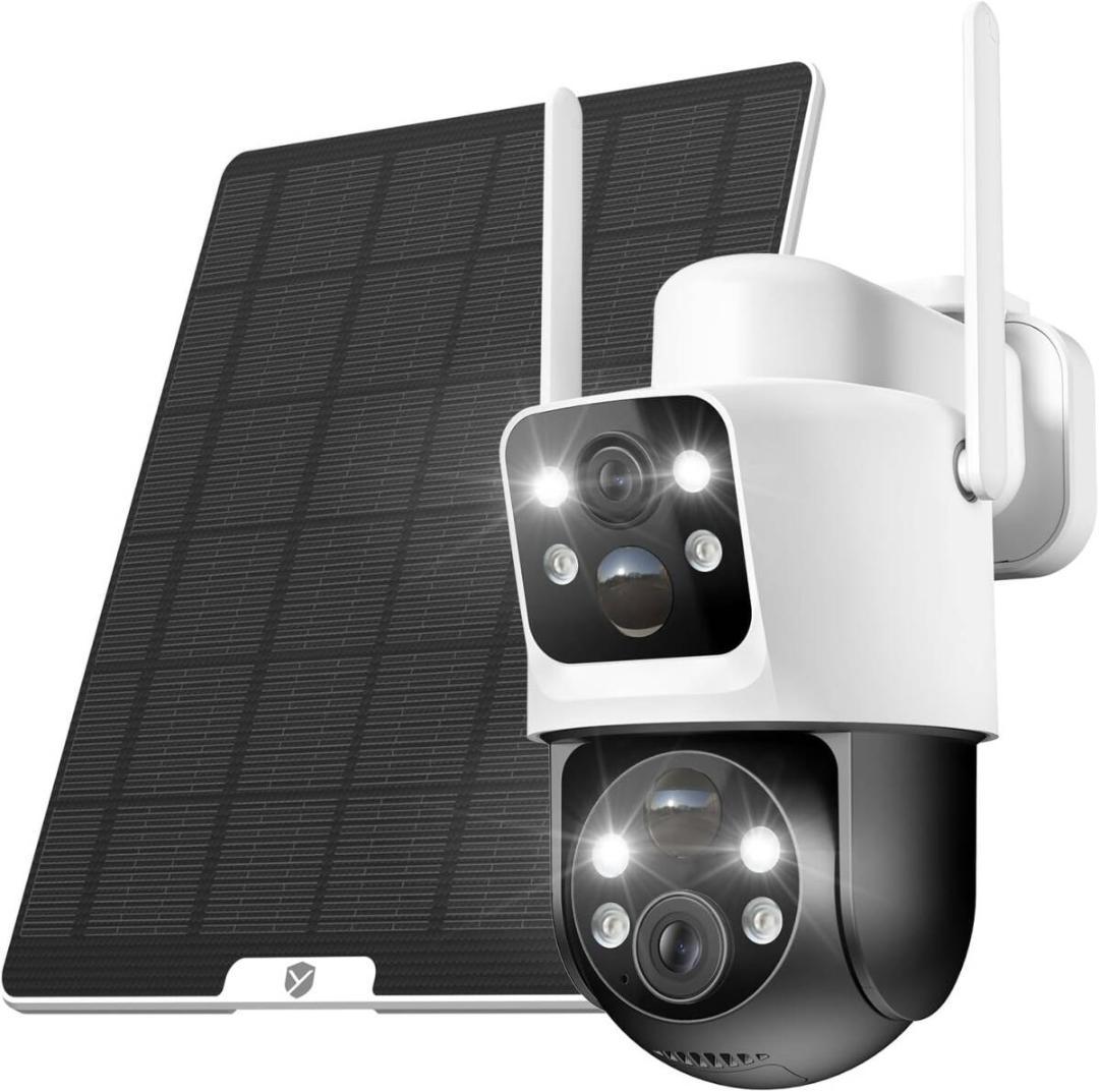 デュアルレンズ防犯カメラ 屋外ソーラー 360°死角なし監視 6W太陽光