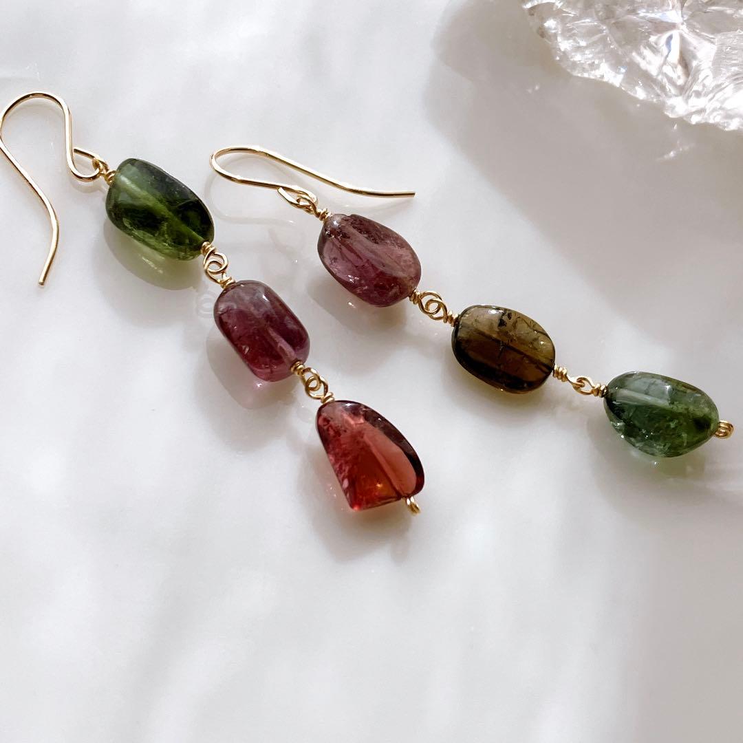 tama◆大粒マルチカラートルマリン3連ピアス✧14kgf