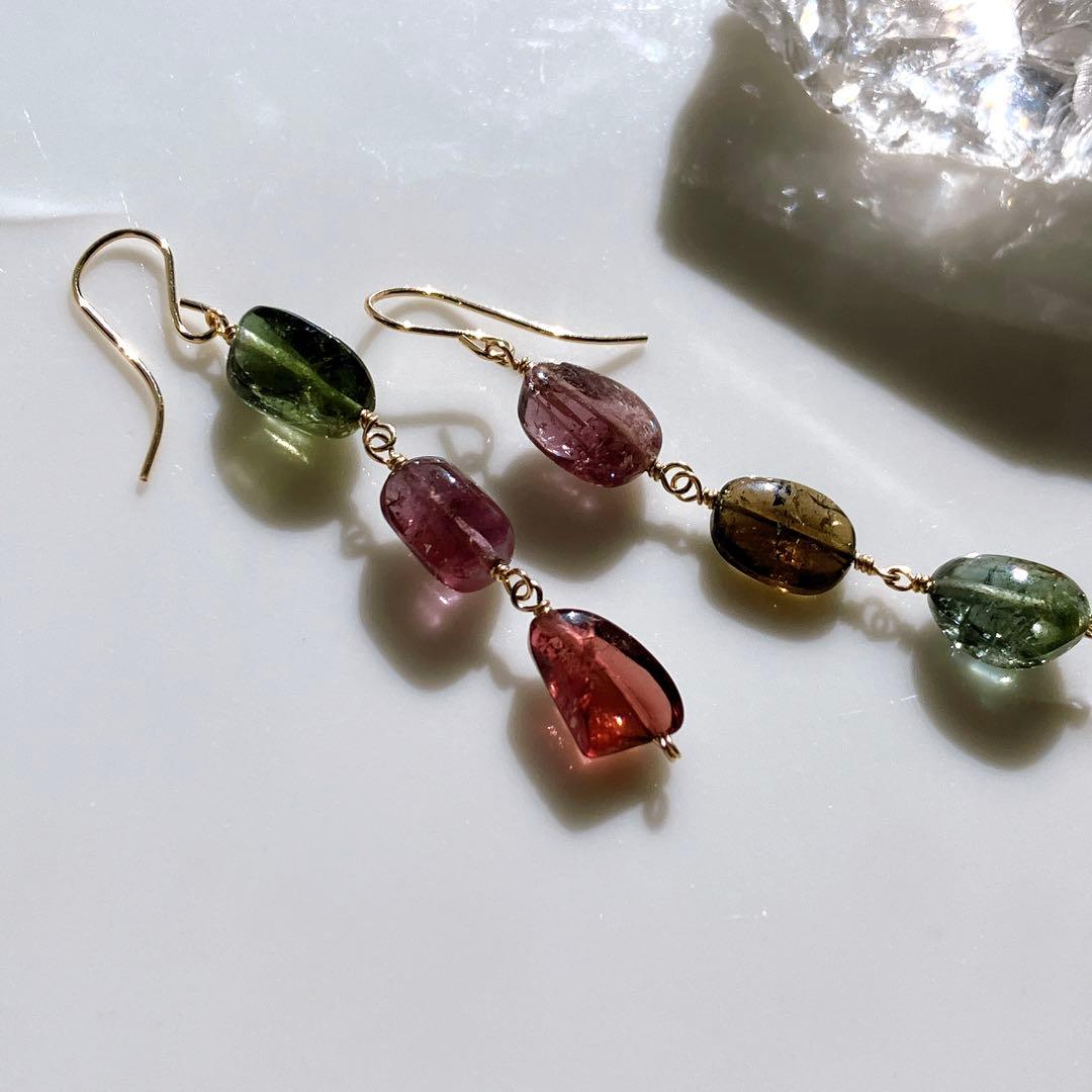 tama◆大粒マルチカラートルマリン3連ピアス✧14kgf