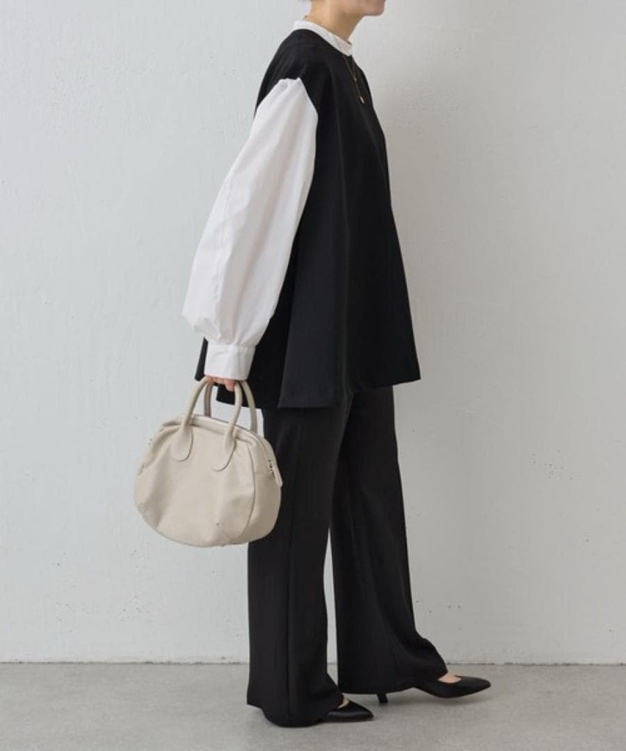 ビアズリー　レイヤード風ボリューム袖ブラウス　ブラック　洗える　長袖