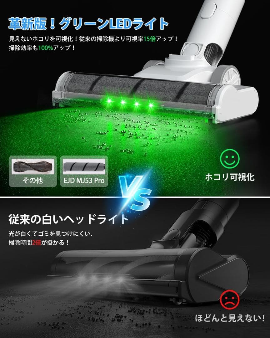 掃除機 コードレス 自走式70Kpa超強力吸引自立式 革新版グリーンLEDライト
