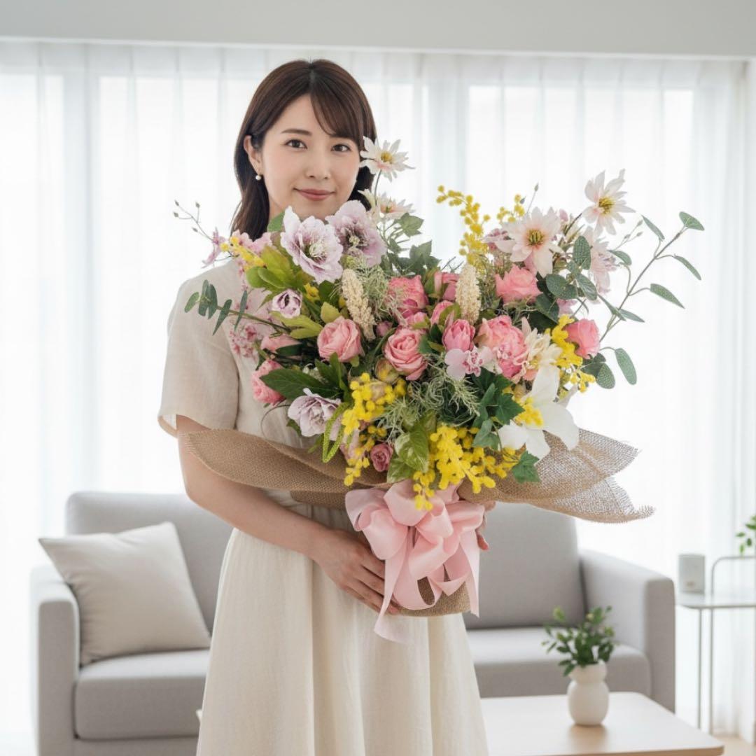 春を束ねた飾る花束ブーケ｜ミモザ・クリスマスローズ・薔薇 光触媒フラワー