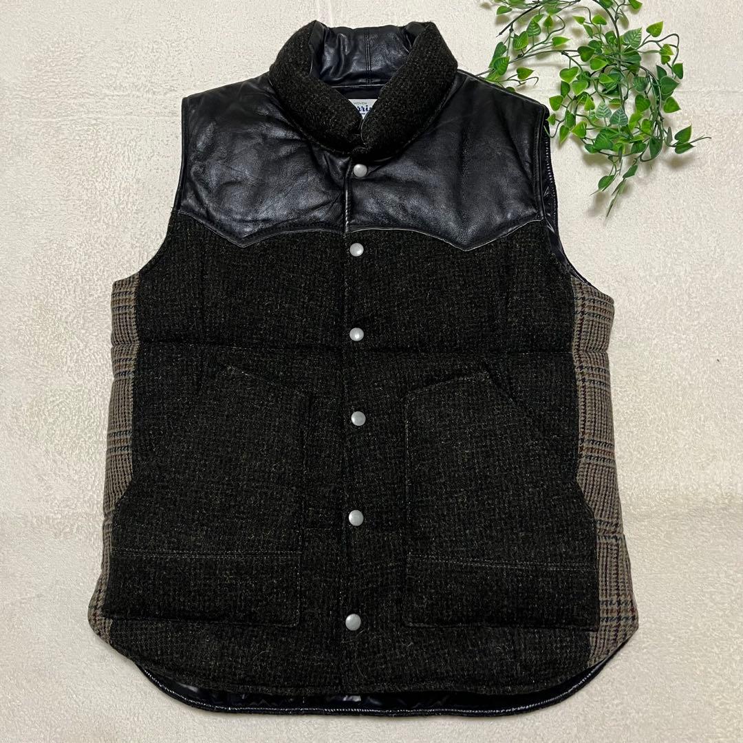 90s 英国製　ビンテージ　ハリスツイード　レザーヨーク切り替えダウンベスト