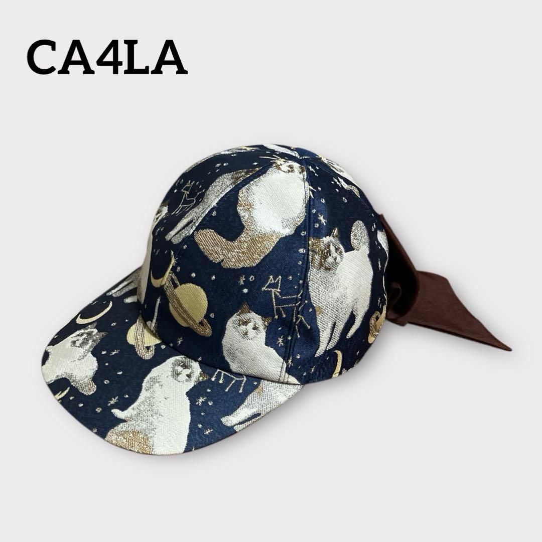 カシラ キャップ リボン 猫 宇宙 ジャガード 極美品 日本製 ネイビー