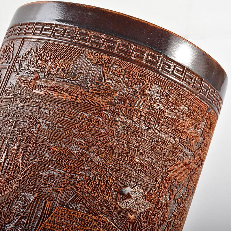 中国　古竹彫刻　清明上河図刻　筆筒　V　R7106