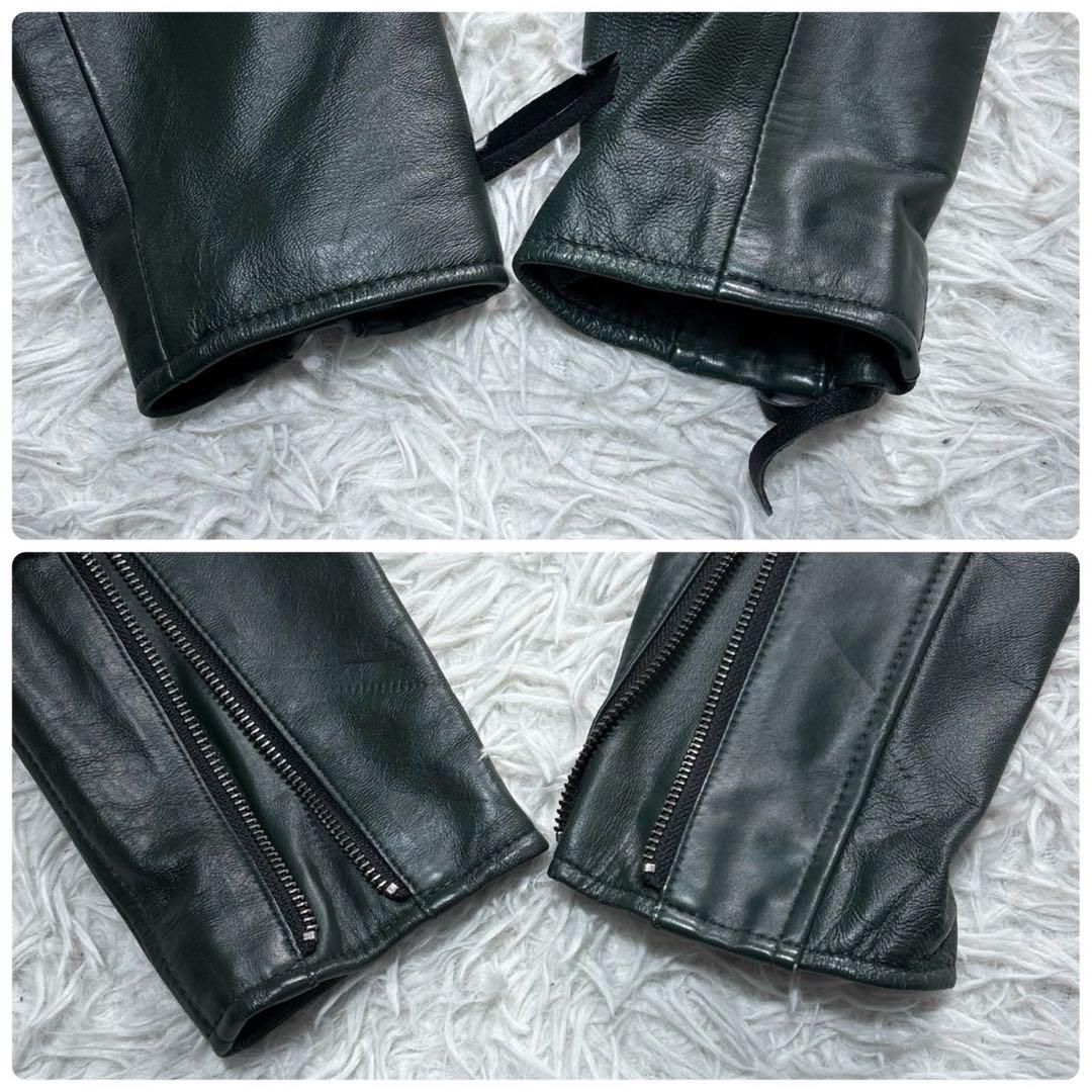 メンズビギ ライダース レザージャケット XL グリーン シングル 羊革
