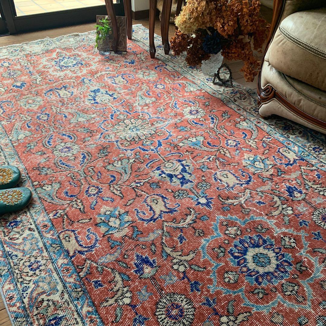 超大判　トルコヴィンテージラグ　234× 132 テラコッタオレンジ　ボタニカル