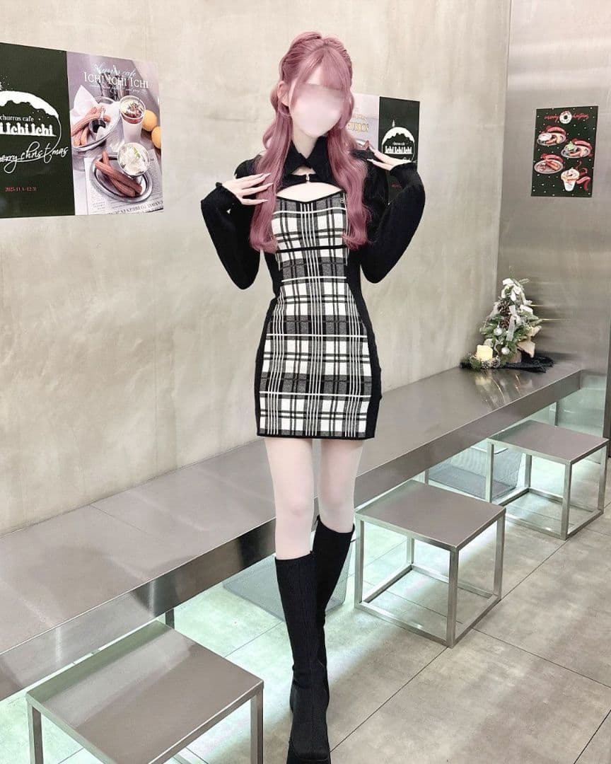 ミシェルマカロン　ハニーミュウ　チェックレイヤードアンサンブルワンピース　黒