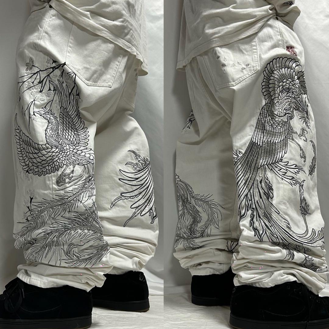 00s 絡繰魂 W40 鳳凰 龍 和柄 刺繍 デニム バギーパンツ 極太