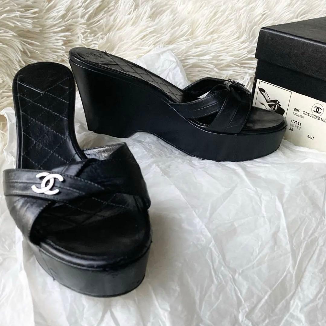CHANEL/シャネル■ウェッジソール ミュール サンダル ココマーク■黒 36