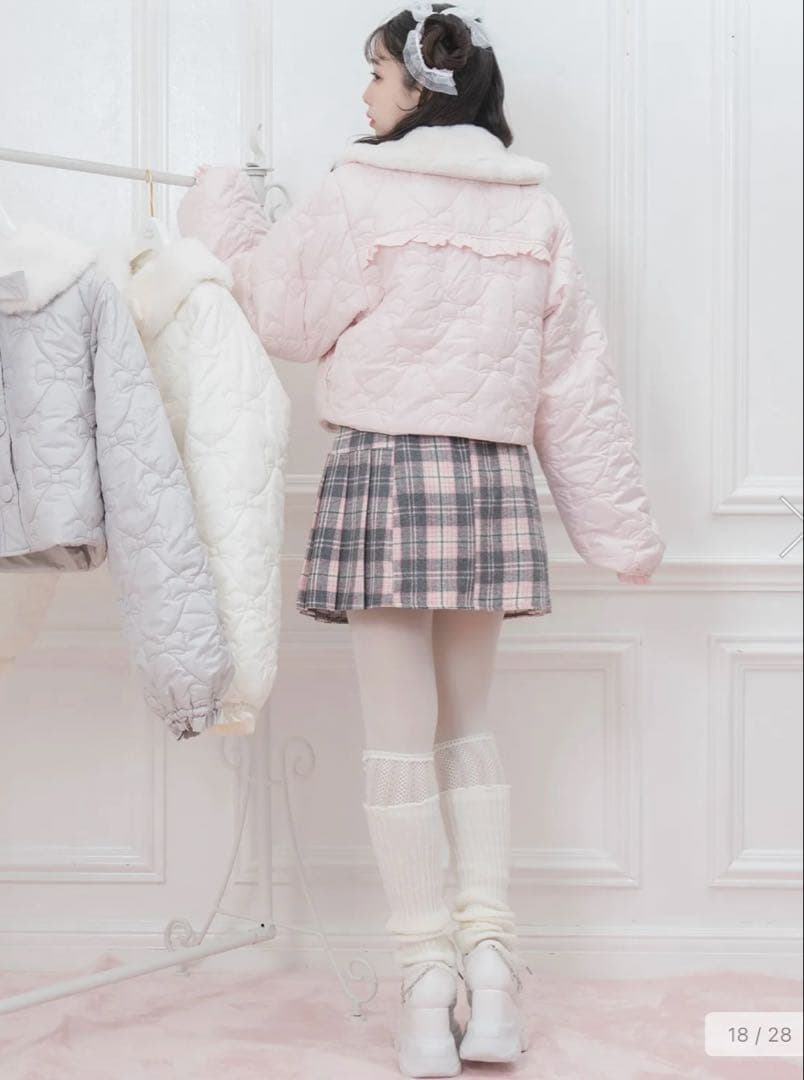 Honey Cinnamon リボンキルトティペット付き中綿ジャケット ピンク