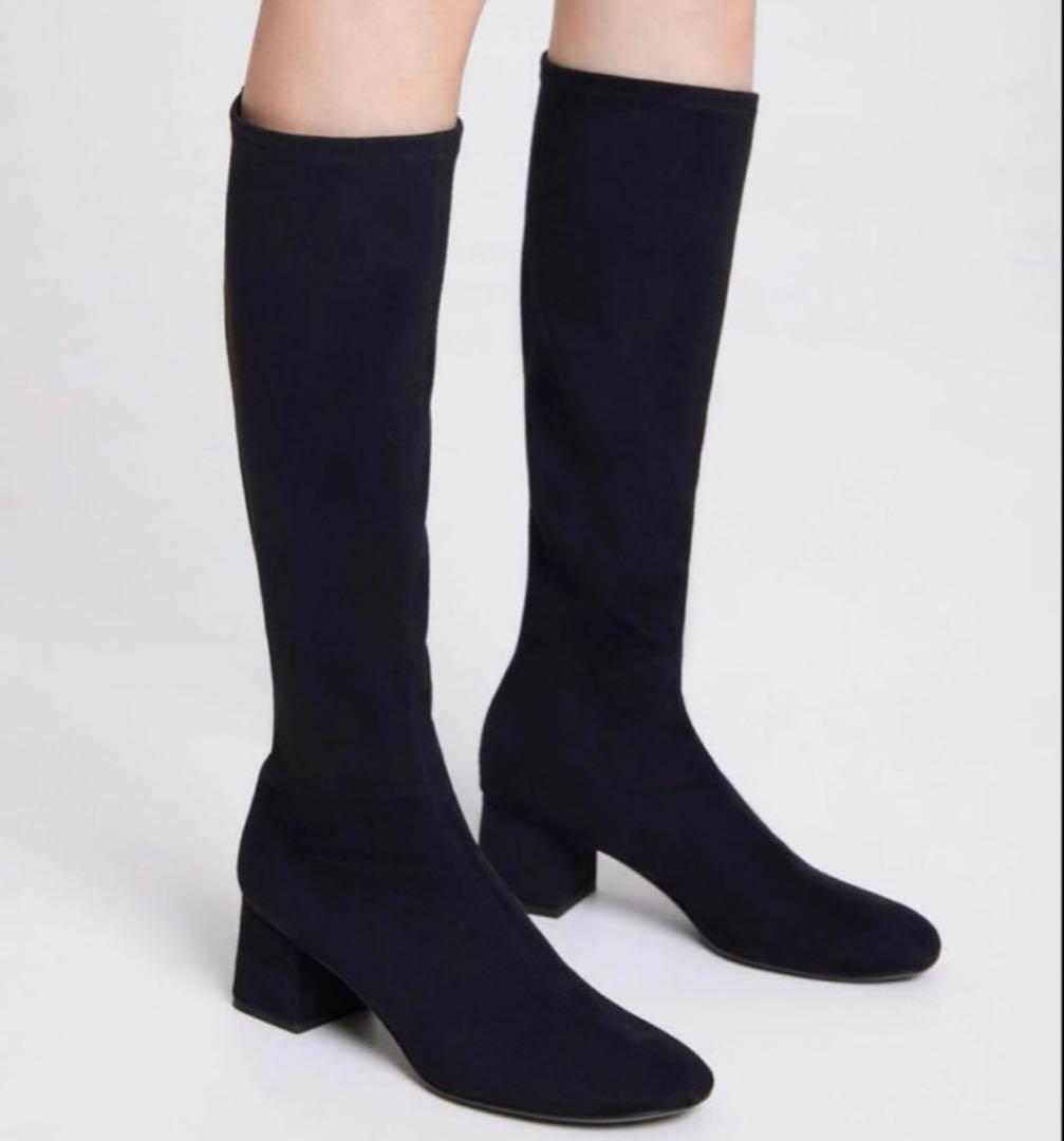 チャールズアンドキース　ブラック　黒　スエード　テクスチャーブロックヒールブーツ