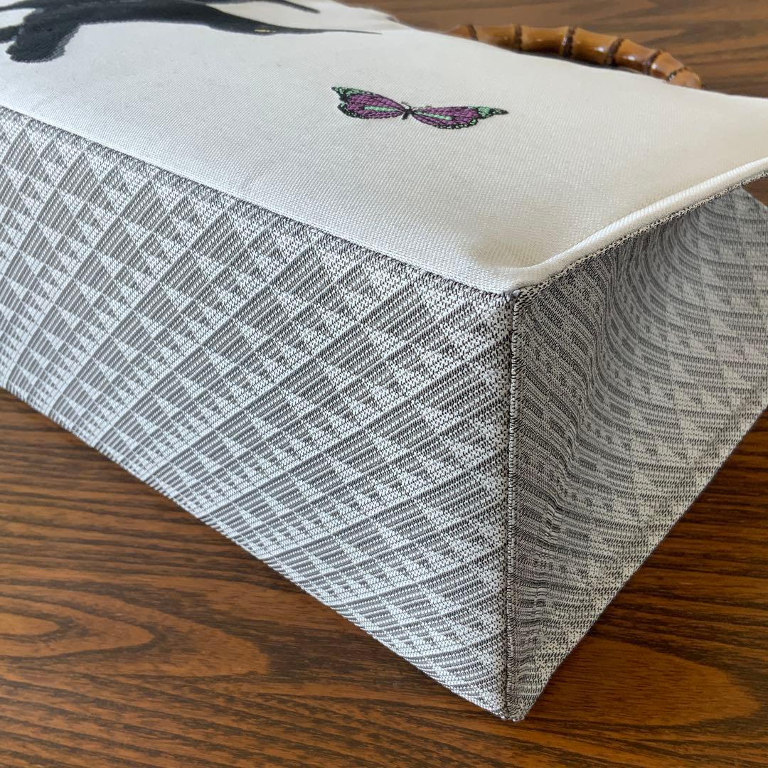 帯　猫と蝶々　リメイク　バンブーハンドルバッグ　浅型マチ広め