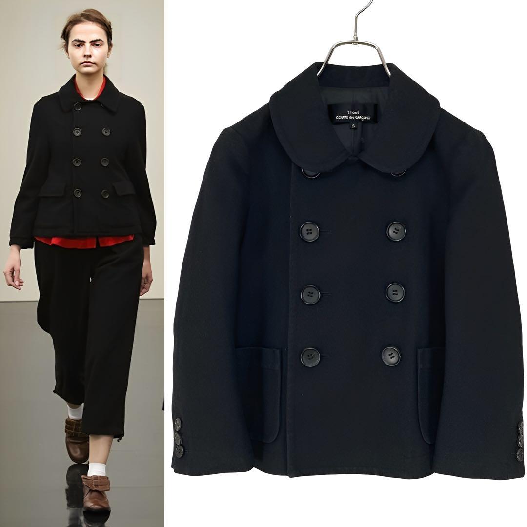 トリココムデギャルソン 16AW ウールコットン 丸襟 ダブルコート 黒Ｓ