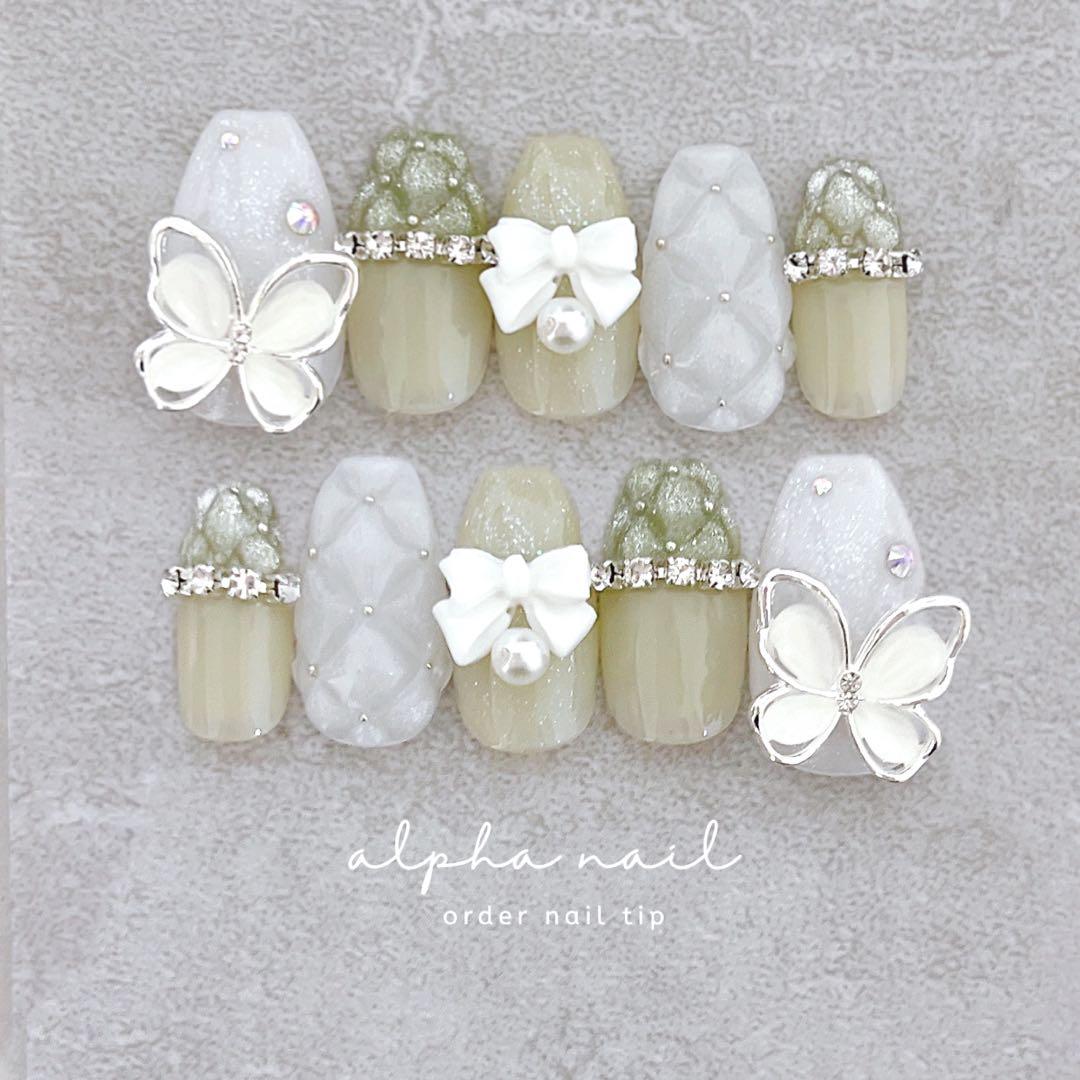 つぅ グリーンマグネットリボンネイルチップ