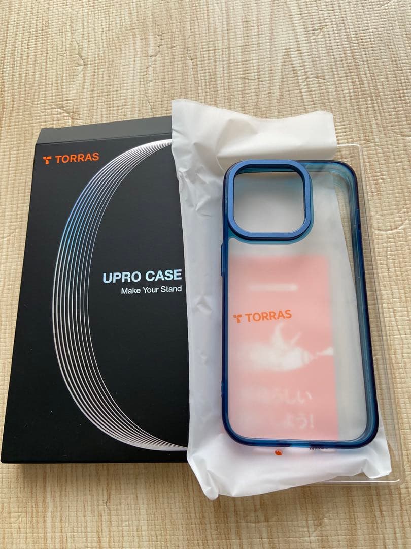 TORRAS iPhone15 Pro ケース 強化 ガラス スタンド ブルー