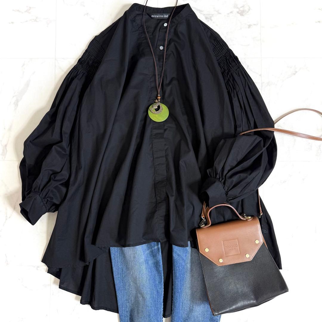 【新品】ミズイロインド ピンタックパフスリーブシャツ 定価1.9万円 ブラック