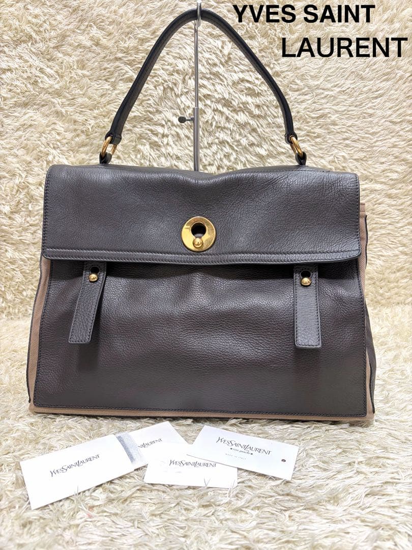 YSL イヴサンローラン ミューズトゥ グレー レザー ハンドバッグ　肩掛け