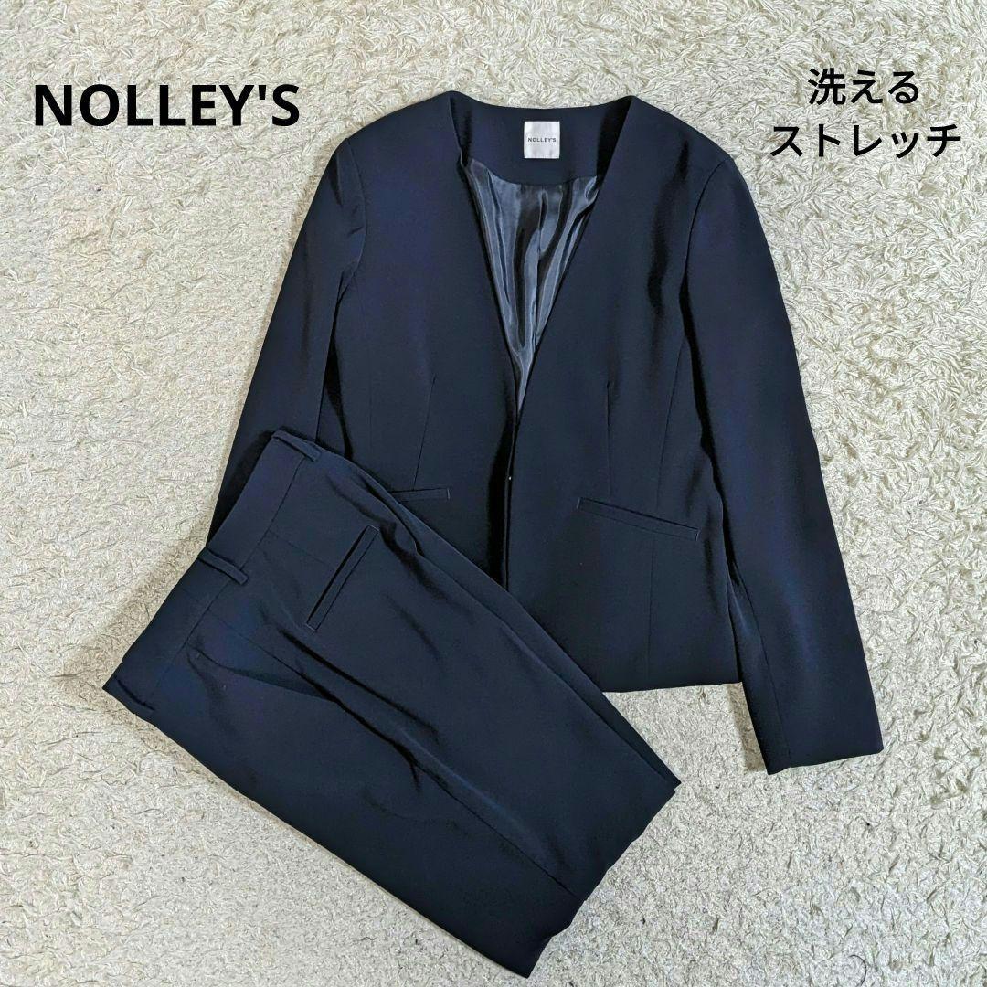 ノーリーズ　セットアップ　ノーカラー　ストレッチ　洗える　ネイビー　現行