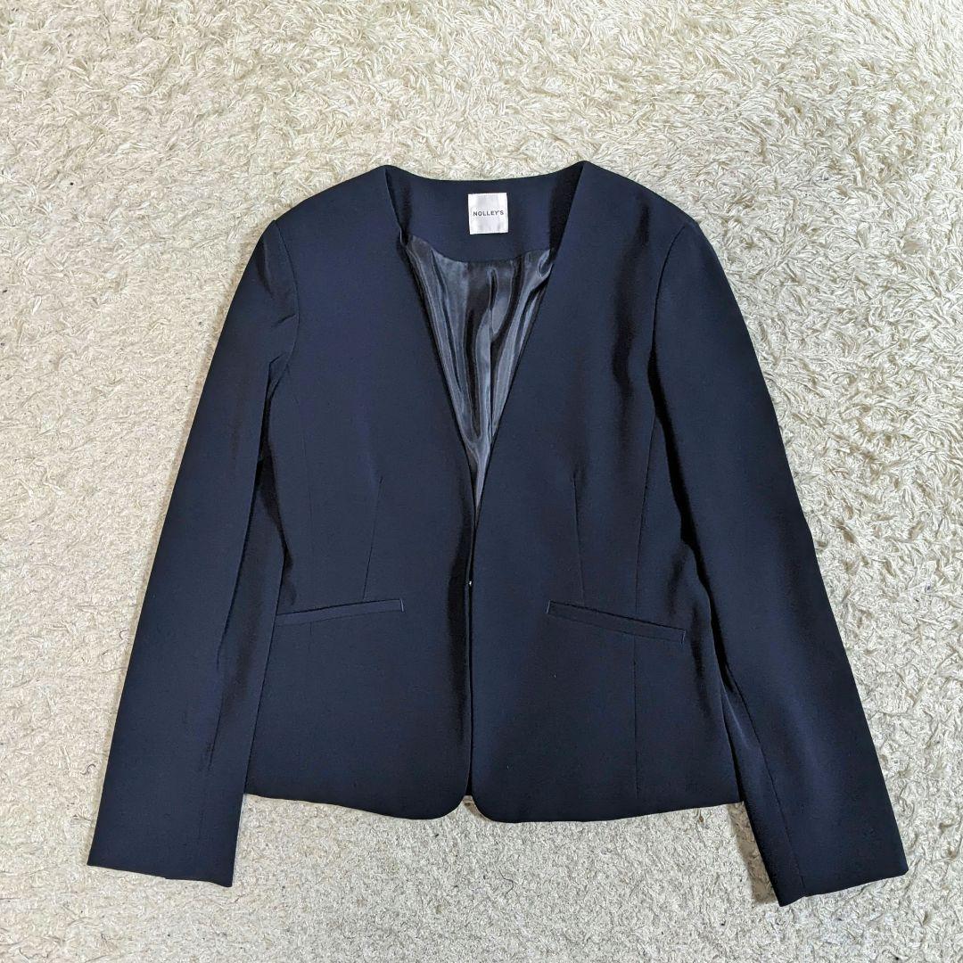 ノーリーズ　セットアップ　ノーカラー　ストレッチ　洗える　ネイビー　現行