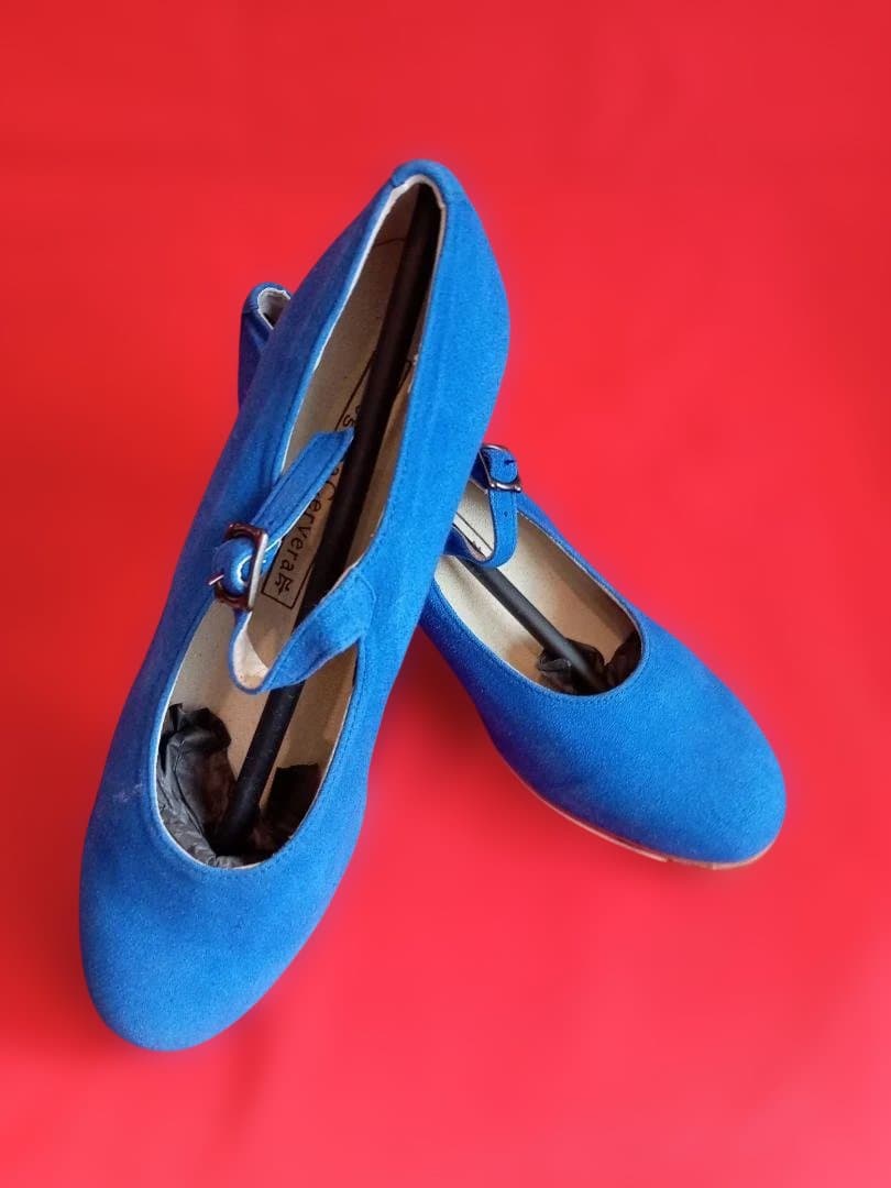 青いスエードフラメンコシューズ 中ヒール