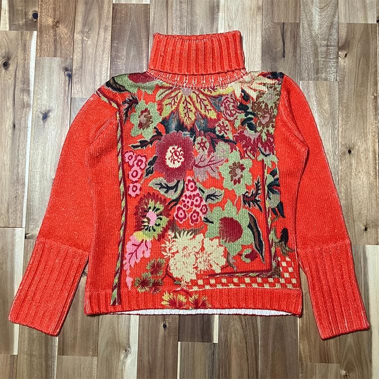 美品 ケンゾー 花柄 タートルネック セーター オレンジ ヴィンテージ XL