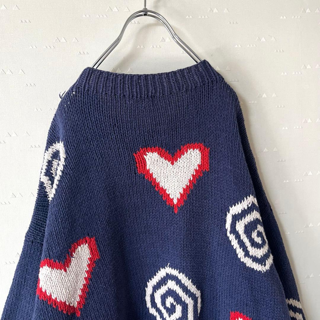 古着 マクマホーン エクアドルニット コットンニット ハート 茄子紺
