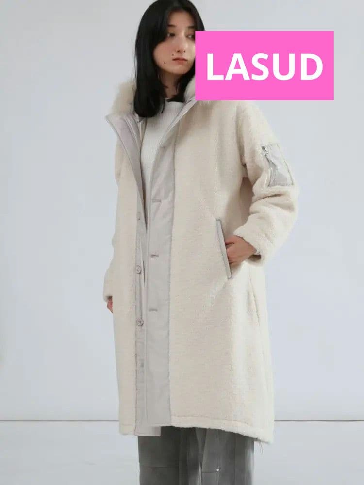 LASUD　ファーフーデッドボアコート　IV　9号　未使用品　定価34000円