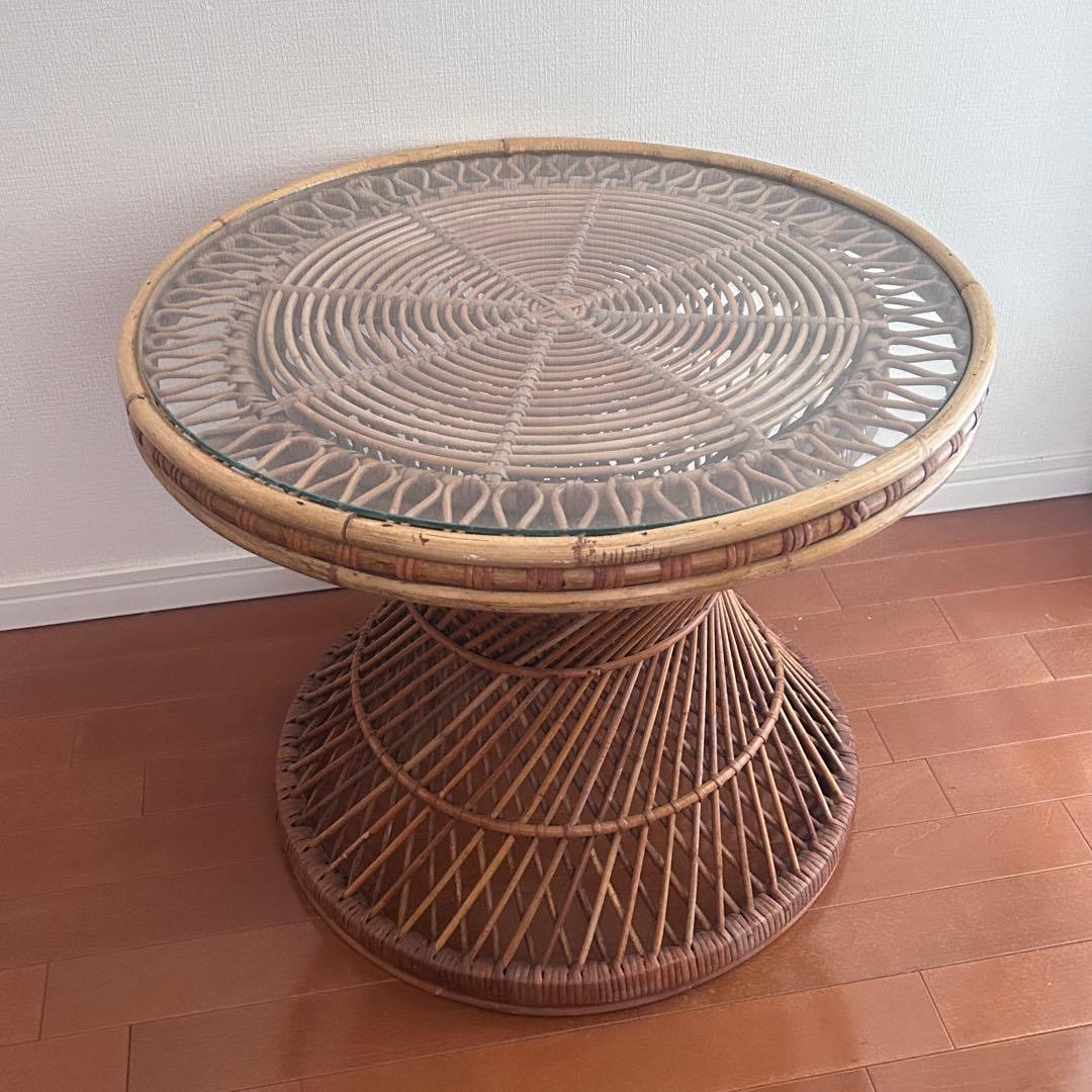 ラタン 円形 ガラス テーブル