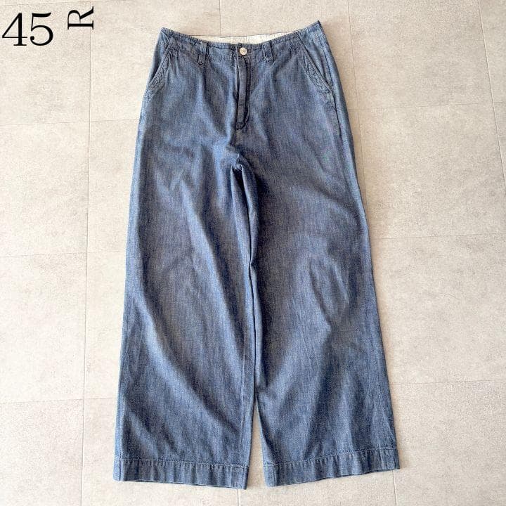 45R ダンガリーデニムバックリワイドパンツ 3 藍色 刺繍 貝ボタン