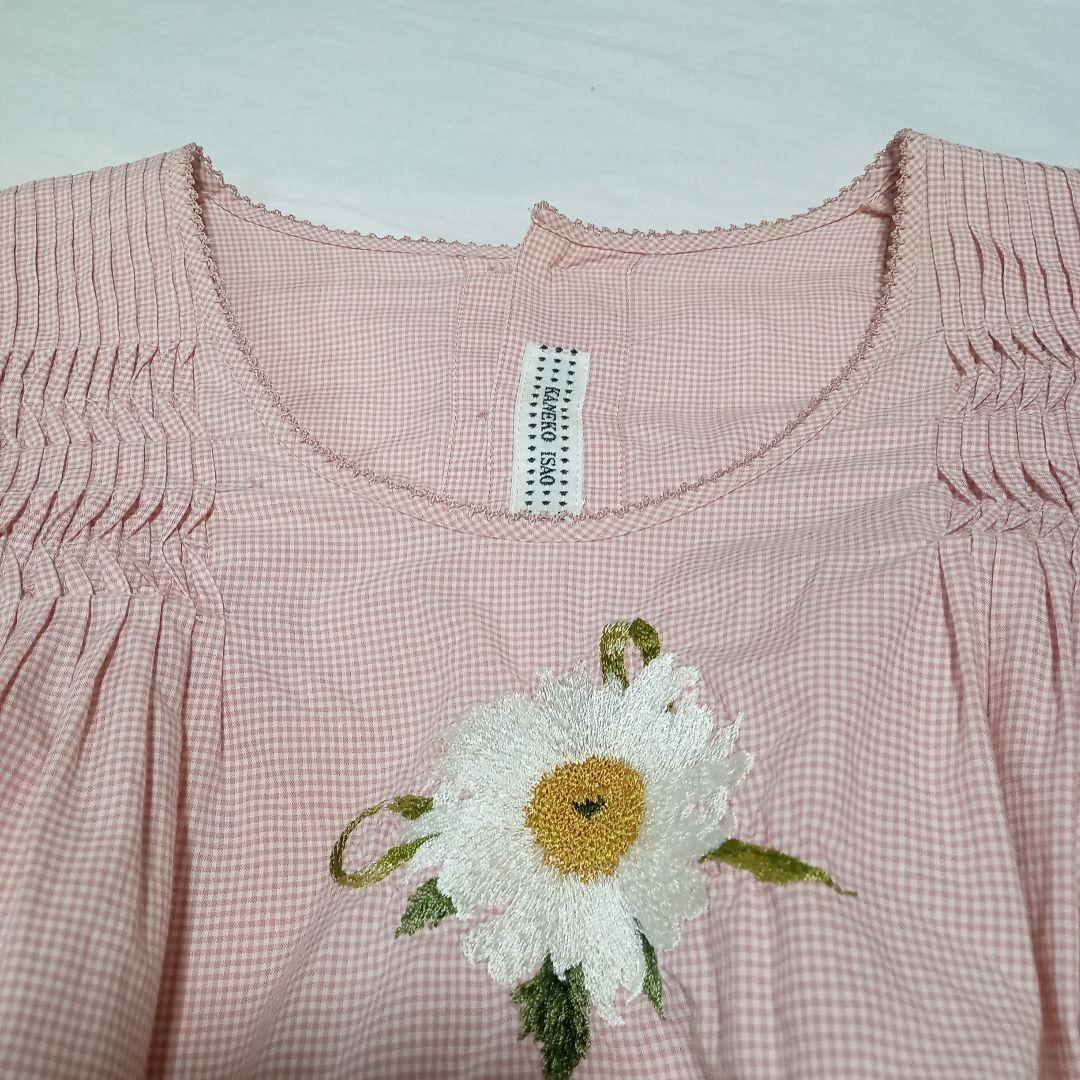 c*y様 カネコイサオ ブラウス マトンスリーブ ギンガムチェック 花柄刺繍