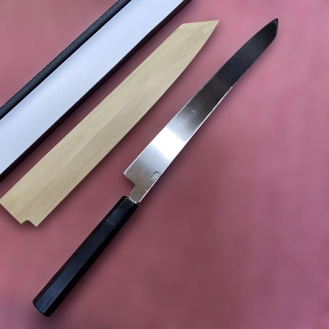 銀三　勘所切付柳刃包丁　300㎜ 尺0寸鞘付き