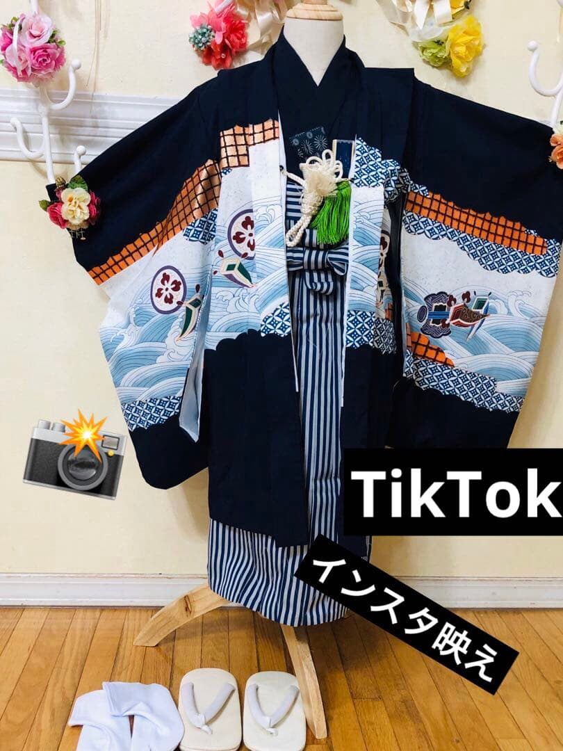 七五三五歳フルセット‼️黒地暈し⭐︎鷹凛々しい⭐︎袴縞スタイルアップ⭐︎全てついてる安心