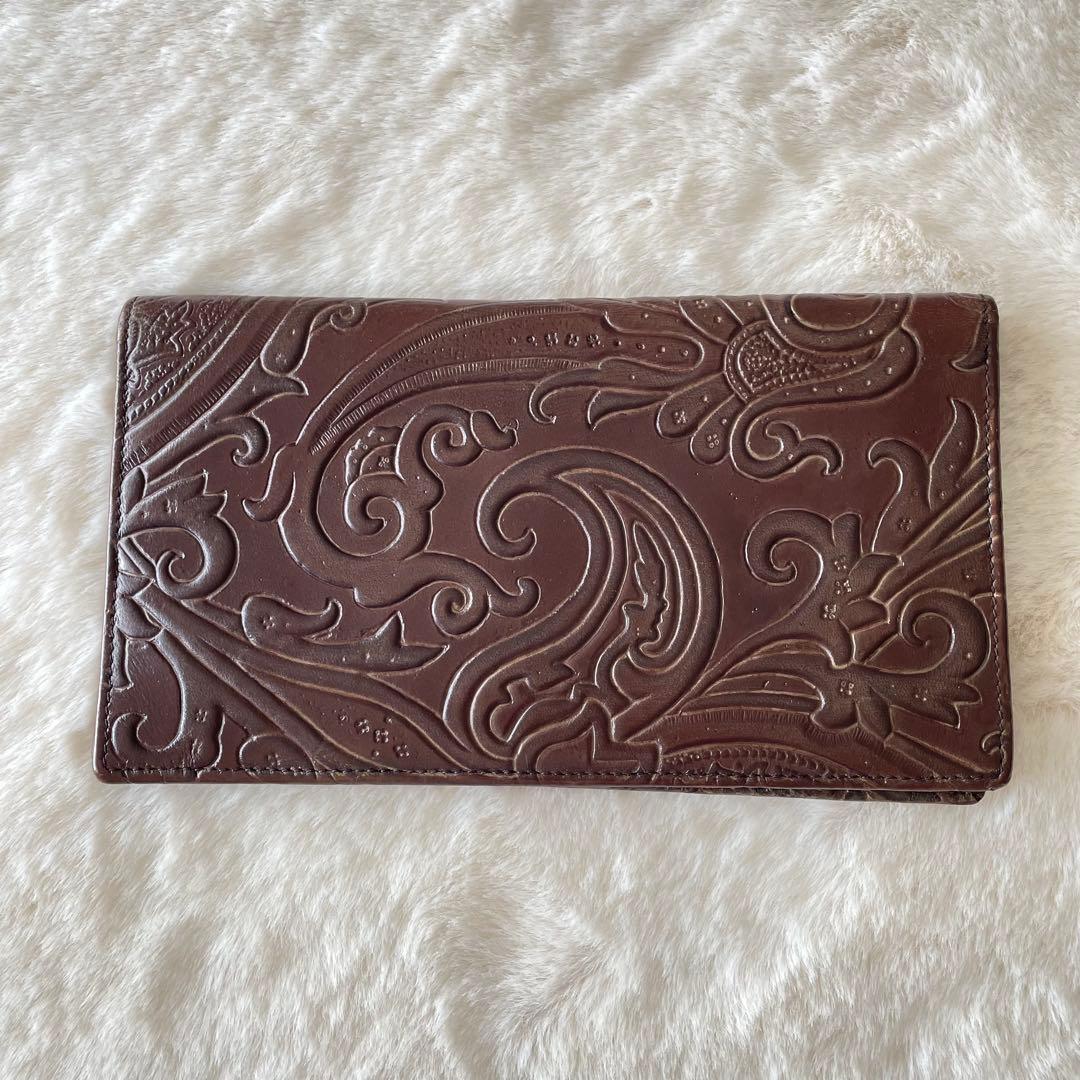 希少 美品✨ETRO エトロ カービング エンボス加工 長財布 カードケース 茶