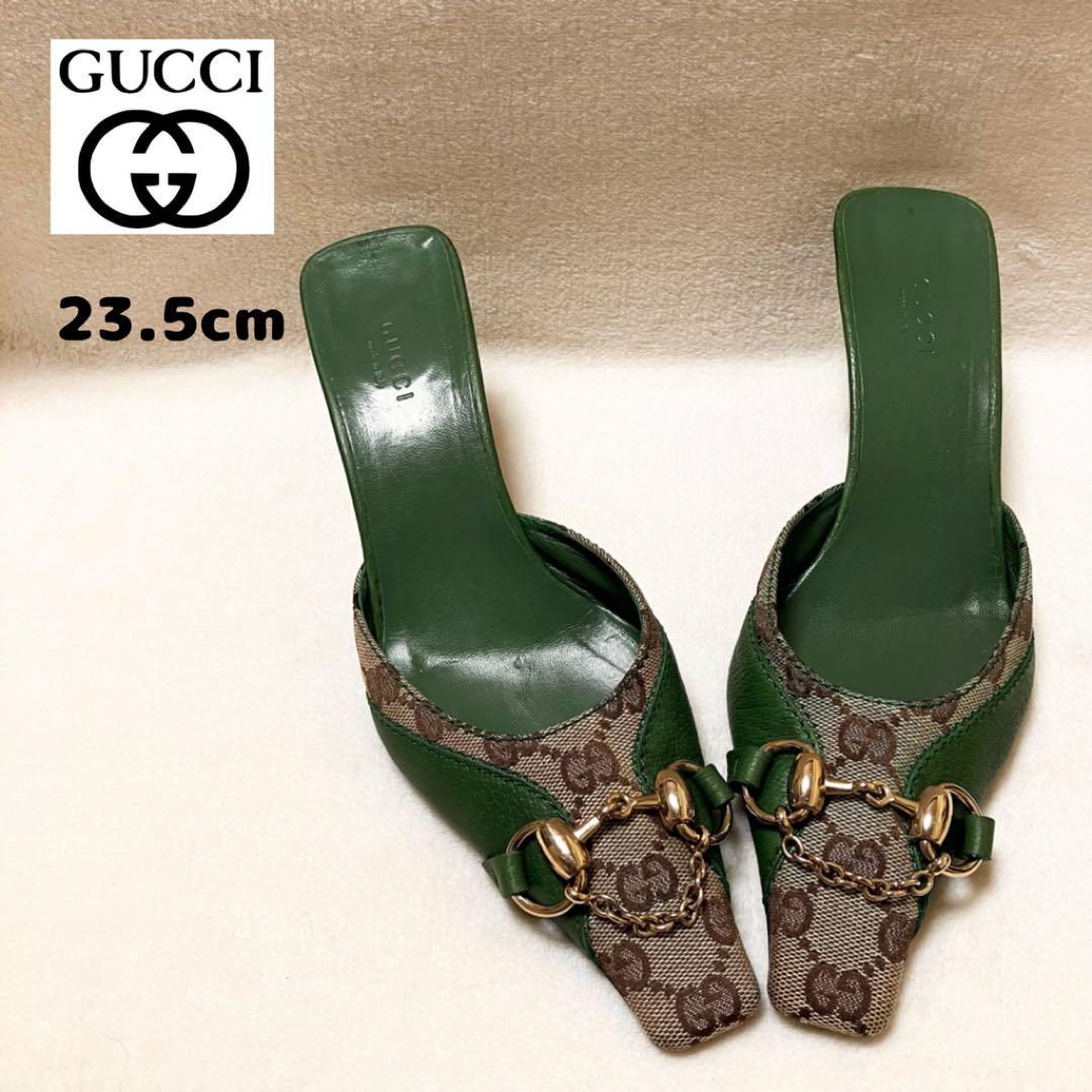 GUCCI グリーン ミュール GGマーク 23.5cm メタル金具付