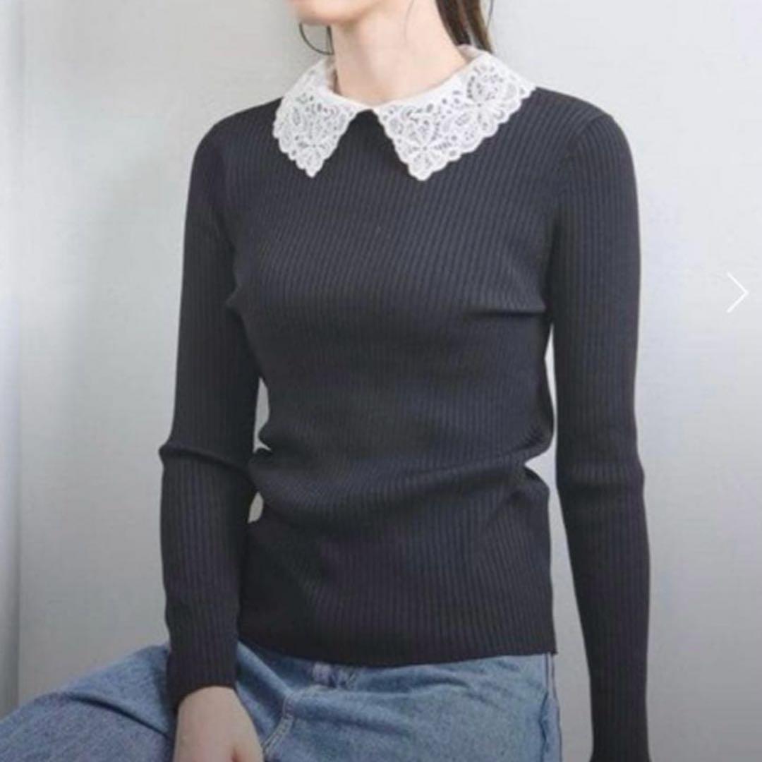 美品ユナイテッドアローズ リブ白襟レースニット