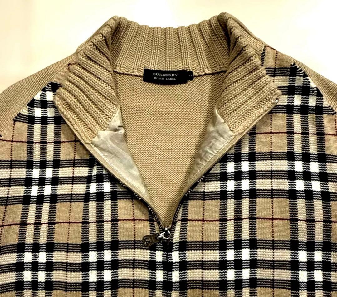 バーバリーブラックレーベル　メンズ　フルジップ　ニット　ノバチェック　M