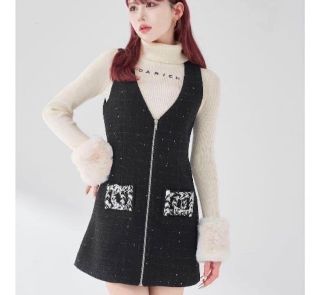 新品ダーリッチ フロントファスナーツイードミニワンピース　ブラック　フリー