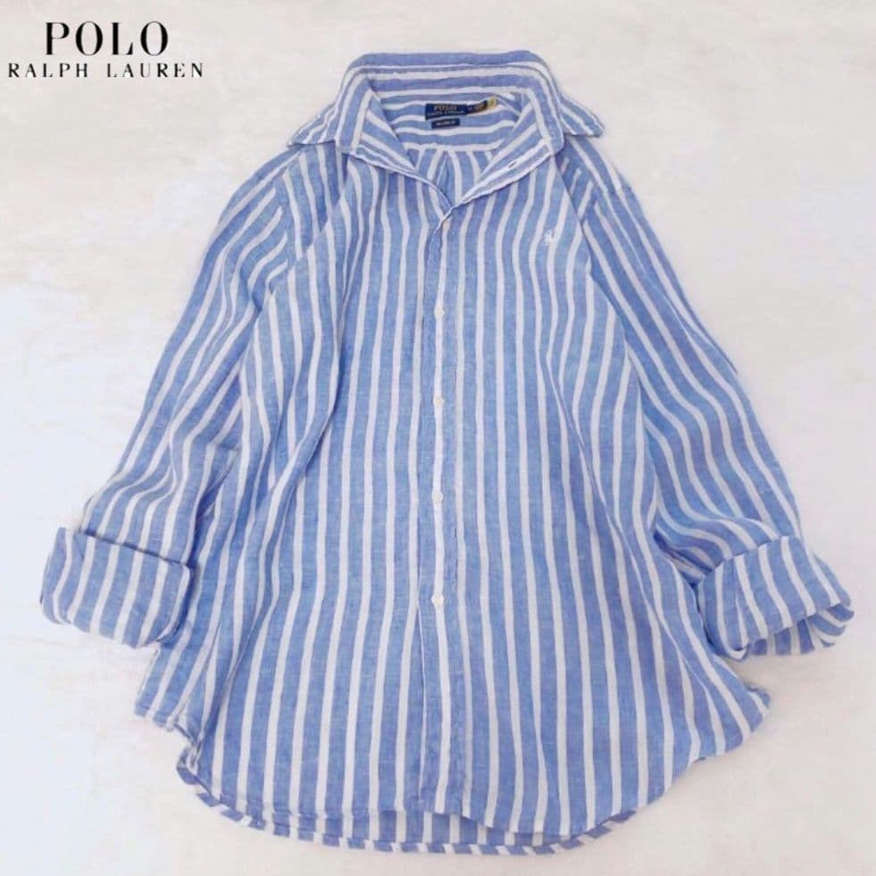 RALPH LAUREN ラルフローレン　ストライプ　リネンシャツ　ブルー　M