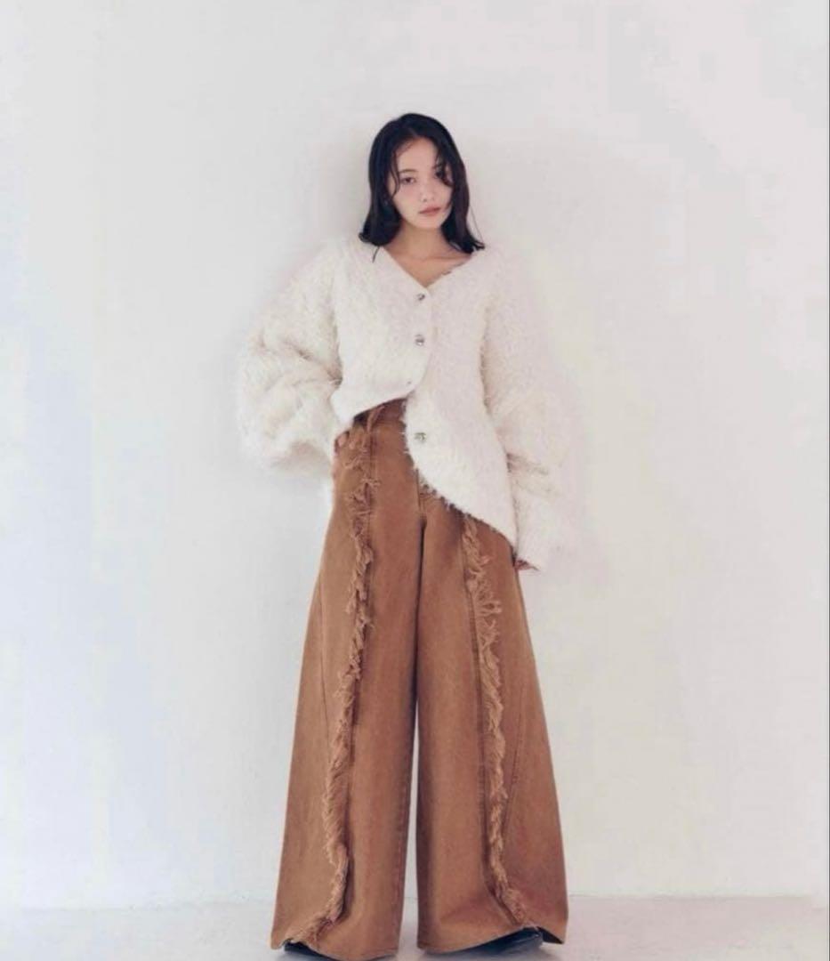 パンツ Andequal wide fringe denim pants Brown