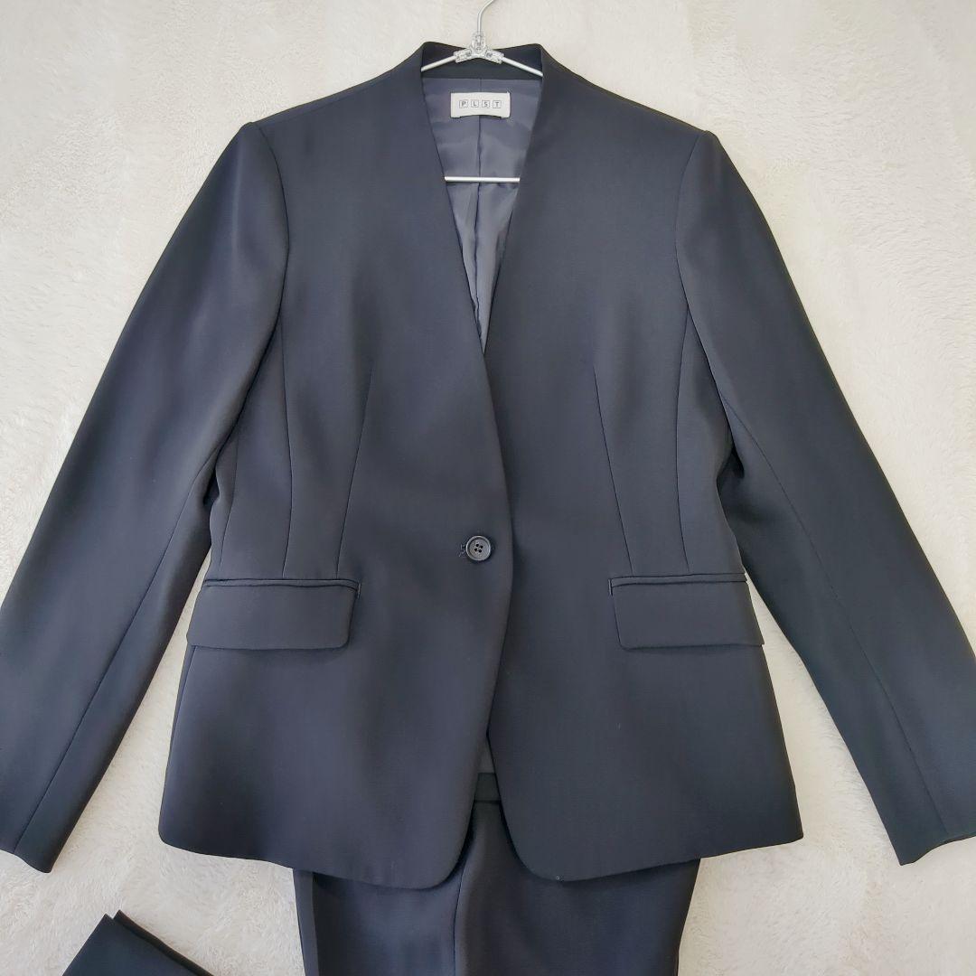 PLST　スーツ　M　ノーカラージャケット　パンツ　紺　セットアップ